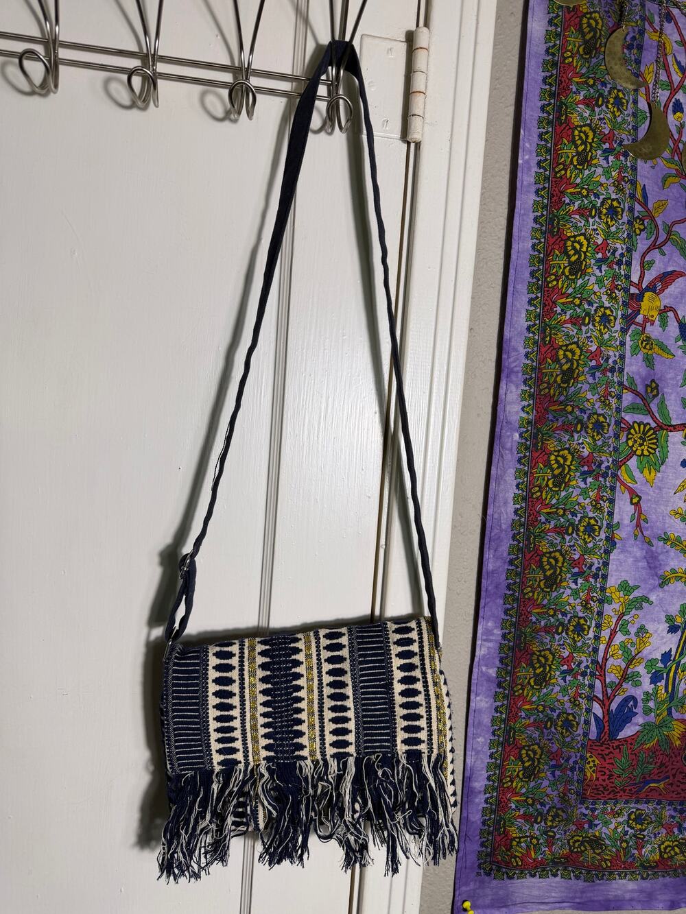 World Market Woven Crossbody Bag Navy Cream Gold Geometric Fringe Boho Purse